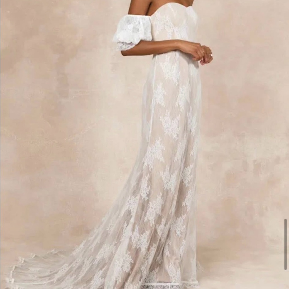 Lulu's Loving Beauty Lace Puff Sleeve Off-Shoulder Maxi Dress (bridal/wedding)